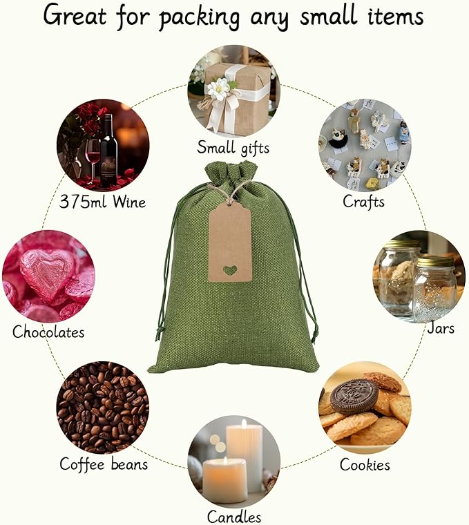 Tapleap Gift Bags - 30Pcs 7x10 Green Burlap Sacks with Tags and String for Wrapping Halloween Gifts, Wooden Cross, For Birthday, Wedding, Party, Church
