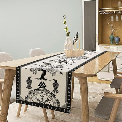Ancient Abstract Pattern Table Runner, Tree of Life Eagle Dragon Boat Rudder Black and White Table Runner 13x60 Inch