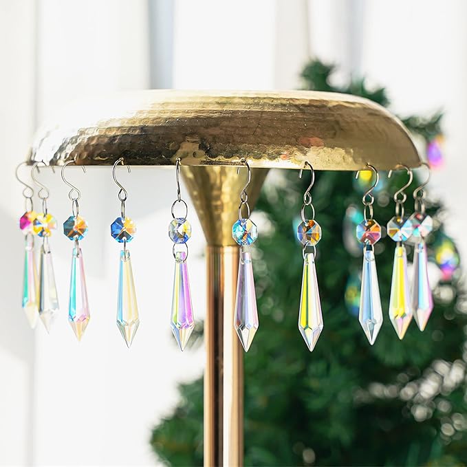 25pcs 55mm Colored Crystals for Chandeliers with Hooks,Suncatcher Crystal Garland with Octagon Crystal Beads,Hanging Crystals for Lamp,Windows,Wedding Decoration