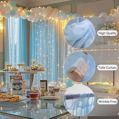10×8ft Tulle Backdrop Curtains with Lights String - 300LED Fairy Lights Sheer Curtain Backdrop for Weddings Baby Shower and Birthday Party Decorations(4 Panels 5×8ft)