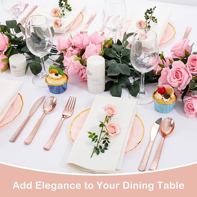 Supernal 180pcs Rose Gold Plastic Silverware Heavy Duty Plastic Forks and Spoons, Rose Gold Disposable Silverware Sets Include 60 Forks, 60 Knives and 60 Spoons Suitable for Wedding, Party, Birthday
