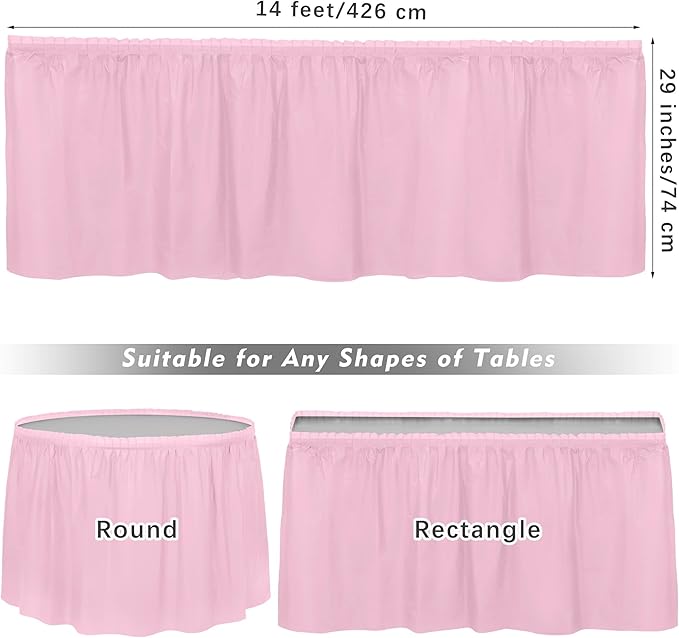TURSTIN 2 Pieces Pink Plastic Table Skirts 14 x 29 Feet for Rectangle Tables Fitted Tablecloth Disposable Table Cover for Birthday Party, Events, Banquette Baby Shower