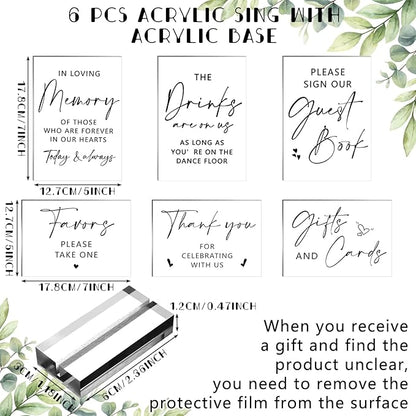 Weysat 6 Pcs Clear Acrylic Wedding Signs for Reception and Ceremony 5'' x 7'' Wedding Signage with Stand in Loving Memory Table Decorations Cards and Gifts Guestbook Reserved Table Sign(Classic Style)