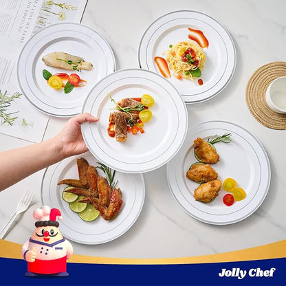 JOLLY CHEF 100 Pieces Silver Plastic Plates, 10 Inch Elegant Disposable White with Silver Rim, Plastic Plates for Dinner, Birthdays and Weddings