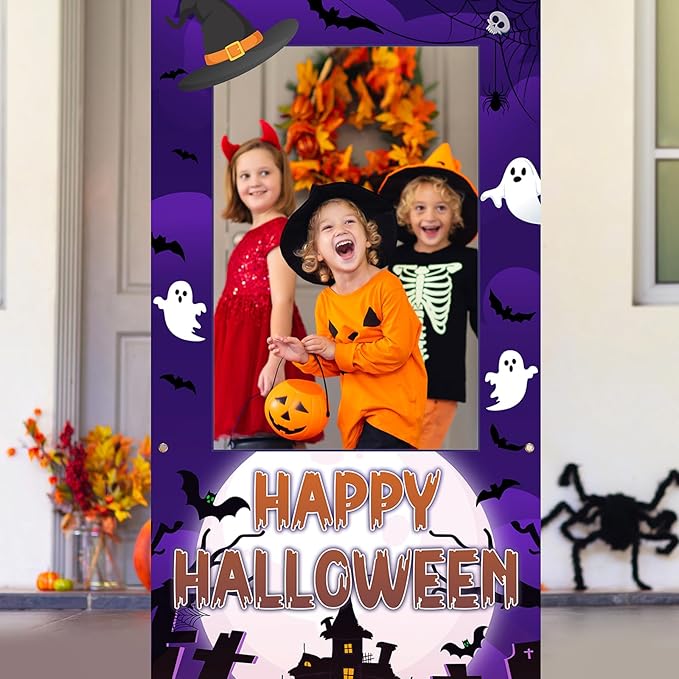 Halloween Photo Booth Props Frame Party Decorations 35 x 73Inch Halloween Picture Backdrop for Birthday Party Supplies Indoor Outdoor Decor (Purple)