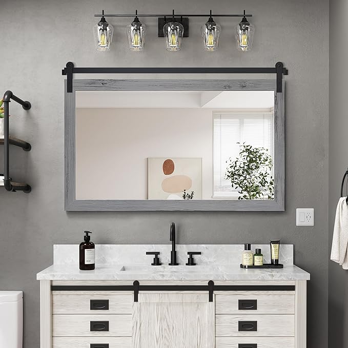 COGOOD Farmhouse Bathroom Mirror - 45 x 30 Rustic Wood Framed Wall Barn Door Mirror for Entryway, Living Room, Entryway Wall Decor (Grey)