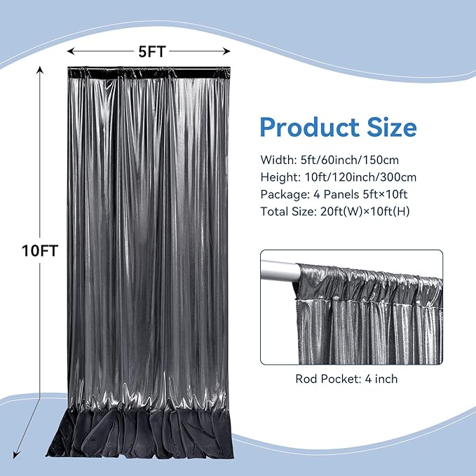 20x10 ft Wrinkle Free Black Silver Sequin Backdrop Curtain for Parties,Thick Not Fall Glitter Wedding Backdrop Drapes,4 Panels 5x10ft Shimmer Photo Back Drop Cloth for Birthday Photography Background