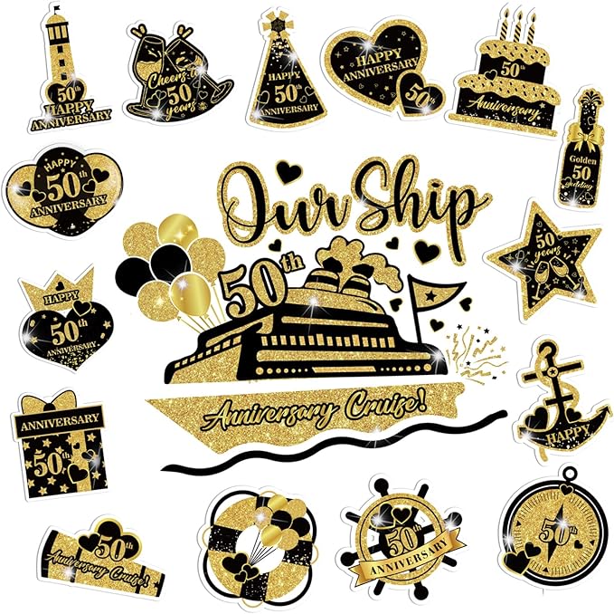 50th Anniversary Cruise Door Magnets Decorations, Gold Black Happy 50th Anniversary Cruise Ship Door Decor Magnetic for Married in 1975 Men Women Wedding Party Refrigerator Fridge Car Kitchen Garage