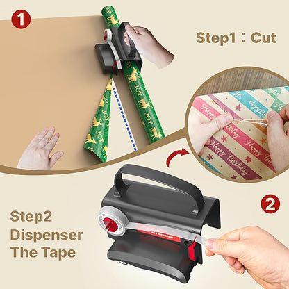 (2-Pack) Wheel Wrapping Paper Cutter & Tape Dispenser with 4 Tapes，2 Replace Blades Kit for Christmas Gift Wrap Cutter Tool Paper Roll Holder Tube Sliding Slicing for Birthday Holiday.