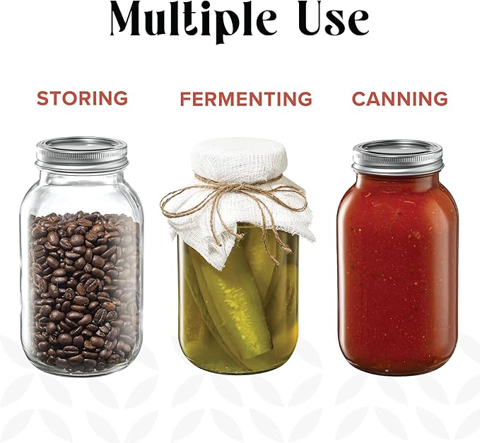 [6 Pack] 32 oz. Regular-Mouth Glass Mason Jars - with Metal Airtight Lids and Bands 1 quart Large for Canning, Preserving, & Meal Prep