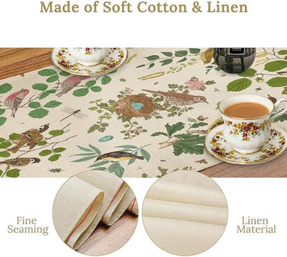Vintage Bird Flower Table Runner Seasonal Spring Summer Garden Plants Farmhouse Country Kitchen Dining Table Decoration for Home Party Holiday 13"x120"