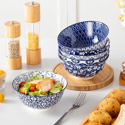 vancasso SELENE 24 oz Cereal Bowls set of 6, Ceramic Soup Bowls for Kitchen, Dishwasher & Microwave Oven Safe- for Cereal, Soup, Pasta, Salad, Blue & White Floral Design Bowl Set