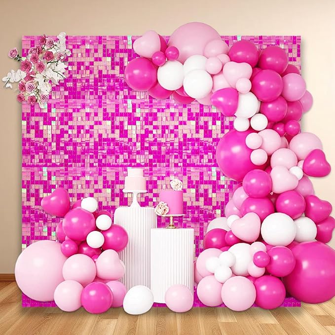 24PCS Colorful Pink Shimmer Wall Backdrop, Square Sequin Photo Backdrops Panel, Glitter Wall Background for Birthdays, Weddings, Christmas, Engagements, Disco Bachelorette Party Decoration (4FTx6FT)