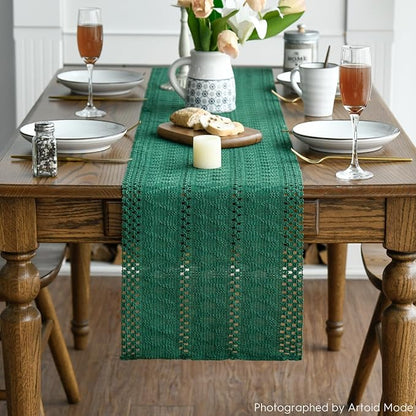 Artoid Mode Dark Green Farmhouse Woven Rustic Hollow Table Runner, Seasonal Holiday Hollow Kitchen Dining Table Decoration for Home Party Decor 12x72 Inch