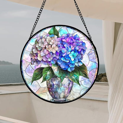 Stained Glass Window Hanging, Blue Purple Hydrangea Flowerpot Suncatcher for Doors Home Sun Catchers Decoration and Christmas, Mother's Day Birthday Gifts for Women, Men, and Mom 9.8 in