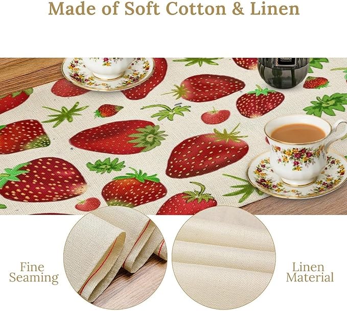 Strawberry Table Runner Spring Summer Fruit Wild Berry Forest Garden Dinner Runner for Girl Baby Shower Party Holiday Home Kitchen Dining Table Decor 13x70