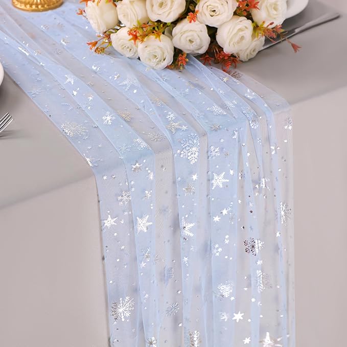 Snowkingdom Silver Snowflake Christmas Table Runner, 10ft Blue Cheesecloth Gauze Sheer Chiffon 120 Inch Winter Table Runner, Seasonal Holiday Kitchen Dining Decoration for New Year Outdoor Party Decor