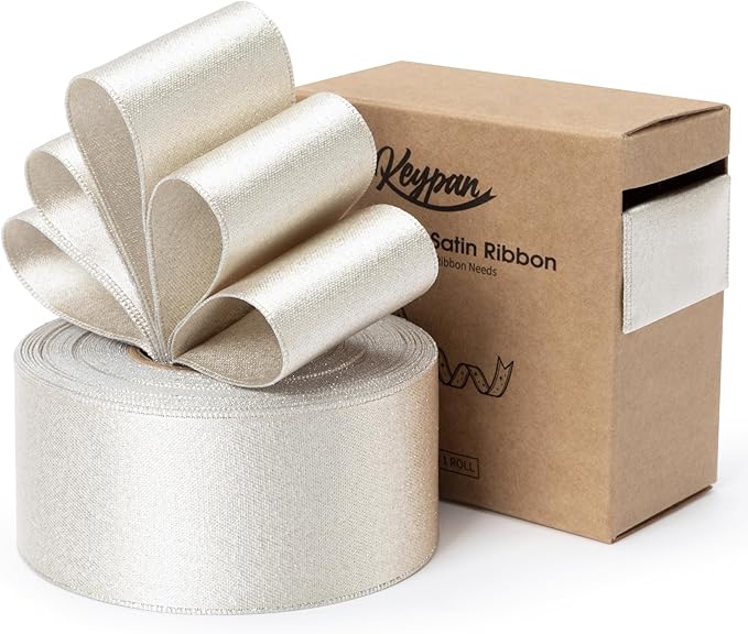 Champagne Satin Wired Ribbon 1-1/2 Inch Double-Faced Sliver Glitter Ribbons for Wreath, Christmas Tree Decoration, Gift Wrapping, Home Decor 10 Yards