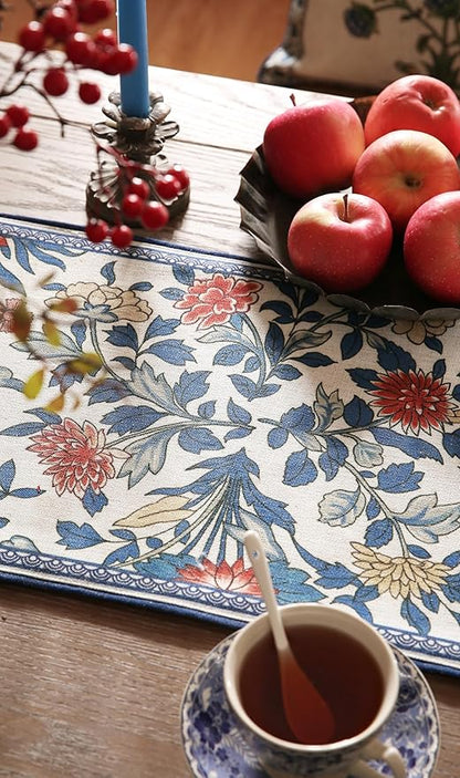patdrea Designer Blue Cottage Rustic Floral Patterned Linen Table Runner 87 Inch Long,Wrinkle Resistant Table Mat,Decoration for Kitchen Dining and Coffee Tables Banquet Christmas , 12"x87"