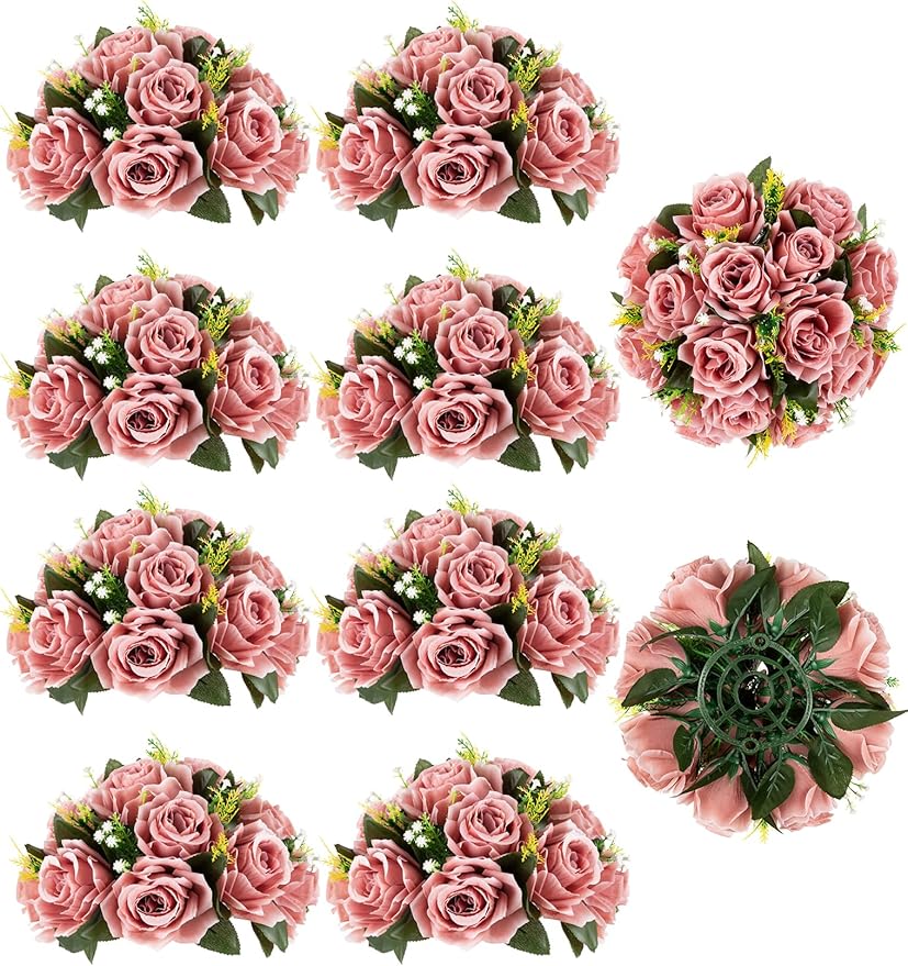 BLOSMON Flower Ball Centerpieces for Wedding: 10 Pcs Dusty Pink Fake Roses Flowers Artificial for Table - Silk Kissing Bouquet Floral Arrangement Center for Home Party Event Decor