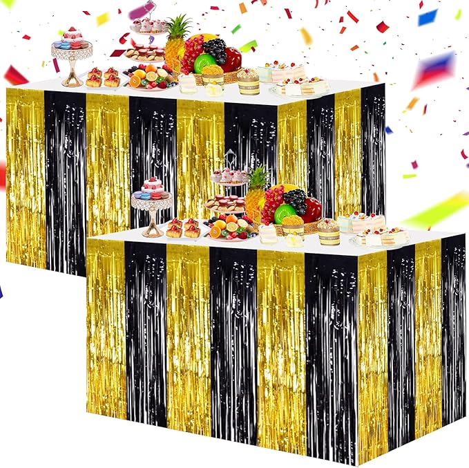 BEISHIDA 2 Pack Black Gold Table Skirts Party Decorations Metallic Tinsel Foil Fringe Decors for Rectangle and Round Table Birthday Retirement Anniversary Graduation Congrats 2026 Party