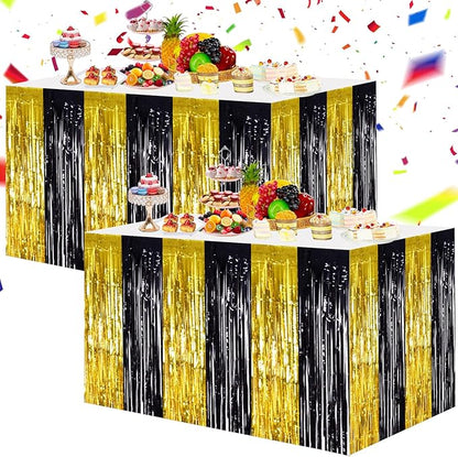 BEISHIDA 2 Pack Black Gold Table Skirts Party Decorations Metallic Tinsel Foil Fringe Decors for Rectangle and Round Table Birthday Retirement Anniversary Graduation Congrats 2026 Party