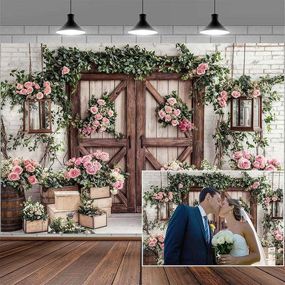 6x6ft Country Wedding Photography Backdrop Floral Rustic Roses Farmhouse Wooden Door Backdrop Pink Flower Birthday Baby Shower Wedding Bridal Party Banner Photo Booth Props Anniversary Background