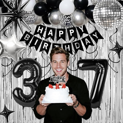 37th Birthday Decorations for Men Women, Black Silver Happy Birthday Party Decorations， 37 Year Old Party Supplies with Number 37 Balloons, Banner, Fringe Curtains Kit