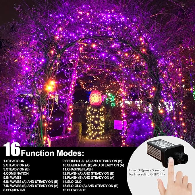 LAMPHOME 66ft Halloween Decorative Mini Lights, 200 LED Transparent Wire Fairy Starry String Lights Plug in, 12 Lighting Modes, for Halloween Decoration Outdoor Party Decoration (Orange and Purple)