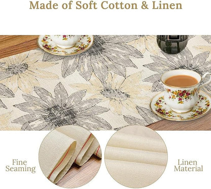 Chrysanthemum Vintage Floral Table Runner, Elegant Grunge Green Sunflower Spring Summer Elegant Pattern Artichokes Flower Table Runner for Party Kitchen Dining Living Room Decor, 13x36 Inch
