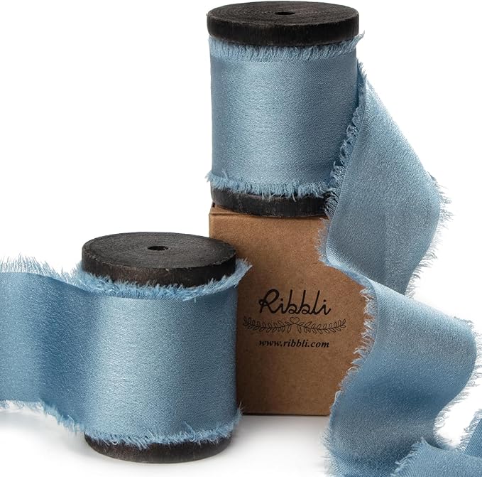 Ribbli Dusty Blue Silk Satin Ribbon 1.5 Inch x 12 Yard Handmade Frayed Chiffon Ribbon with Wooden Spool for Gift Wrapping, Wedding Invitations, Bridal Bouquets, Home Decor