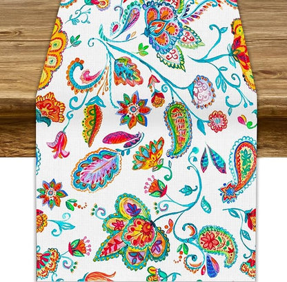 Paisley Table Runner, Watercolor Floral Oriental Indian Traditional Tulips Leaves Bohemian Paisley Print Table Runner for Kitchen Dining Tables Party Decor, 13x108inch