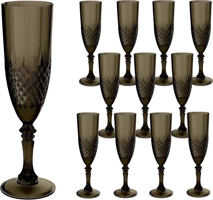 Plastic Champagne Flutes, 12PCS Black Wine Glasses Goblets Cups Shatterproof Reusable Flute for Halloween Weddings Bachelor Parties Toasting and Events(12, Black)