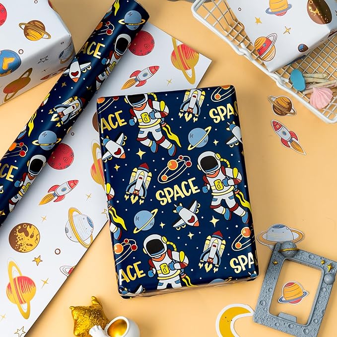 Yarcony Space Wrapping Paper Roll, Birthday Wrapping Paper for Boys, Navy Blue Astronaut Gift Wrap for Kids Birthday Outer Space Party Decor RocketShip Wrap Galaxy Planets Stars (17 Inch X 33 Feet)