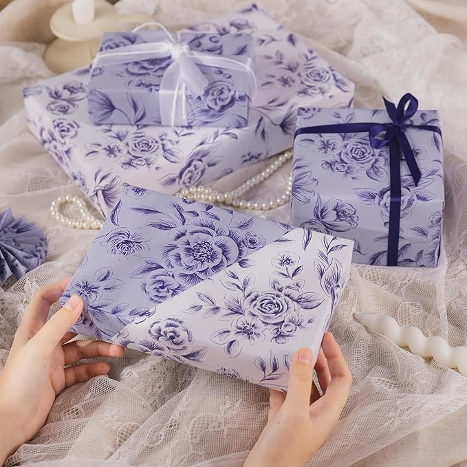 WRAPAHOLIC Jumbo Reversible Floral Wrapping Paper Roll - 30 Inch x 33 Feet - Purple Flower Wrapping Paper for Wedding, Bridal Shower, Mother's Day, Birthday, Baby Shower