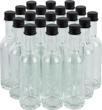 50 ml Mini Small Glass Bottles With Aluminum Lid and Heat Shrinks 24 Pack (Black Caps) for Liquor Sauce Party Favors Beverage