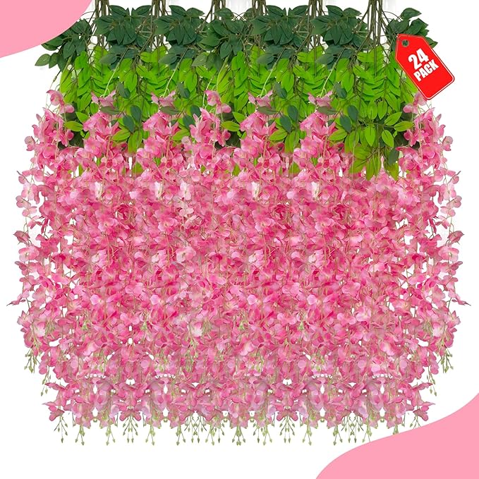 24 Pack Dark Pink Wisteria Hanging Flowers, 3.4 Ft Fake Hanging Flowers, Artificial Wisteria Garland Vines for Wedding Room Backdrop Outdoor Patio Garden Decoration