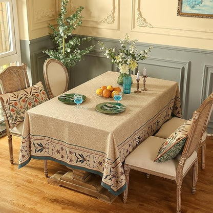 patdrea Designer French Linen Tablecloth for Rectangle Table,Beige Anti-Wrinkle Durable Floral Farmhouse Table Cloth,Decor Covers for Kitchen Dining,Tea Party,Christmas,Thanksgiving,63"x87"-Fram