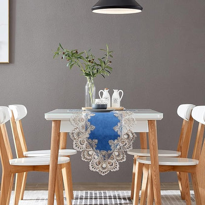 Vintage Lace Dining Table Runner, 108 Inches Macrame Coffee Table Runners for Kitchen Home Christmas Party Decorations (16x108 inch,Blue)