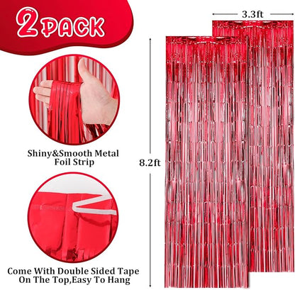 2 Pack Red Foil Fringe Backdrop Curtains, Tinsel Streamers Birthday Party Decorations, Fringe Backdrop for Graduation, Baby Shower, Gender Reveal, Disco Party