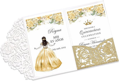 DORIS HOME 50pcs Laser Cut Quinceanera Invitations Gold Glitter, 4.7x7.1 Personalized Quince Invitations for 15th Birthday, Invitation cards for Sweet 16 with Envelopes