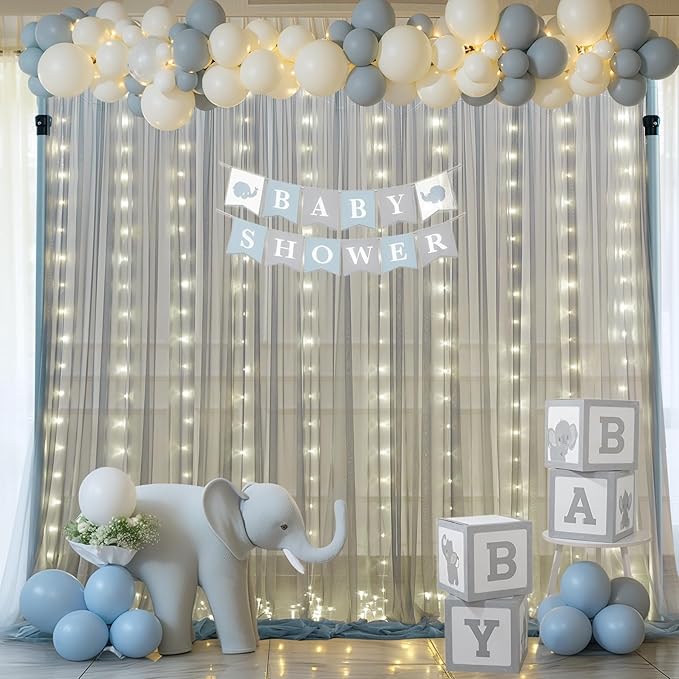 Silver Grey Tulle Backdrop Curtain with Lights String for Parites 10x10ft Sheer Backdrop Curtains for Birthday Party Bridal Shower Baby Shower Wedding Ceremony Prom Photo Booth Background Decorations