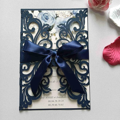 25PCS Pearl Navy Blue Laser Cut Wedding Invitations Cards with Envelopes,Blank Inner Sheets,Ribbons for Wedding Bridal Shower Quinceañera Engagement Birthday Invites