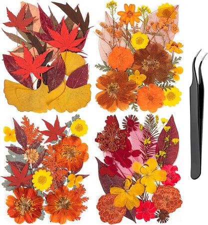 78 Pcs Fall Dried Pressed Flowers with Tweezer, Fall Themed Real Dried Flowers Leaves for DIY Crafts Resin Molds, Yellow Orange Dried Flowers for Autumn Halloween Thanksgiving Decorations