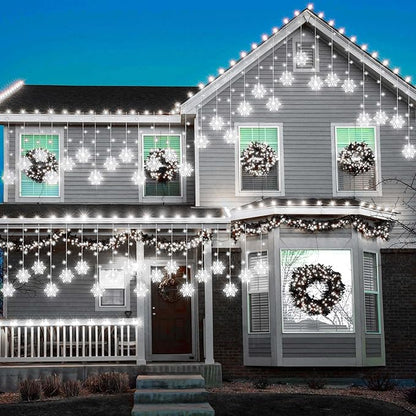 Christmas White Icicle Lights with Snowflake, 150 LED Curtain Lights with 8 Lighting Modes, Plug in Twinkle Lights for Home Christmas Wedding Party Decoration