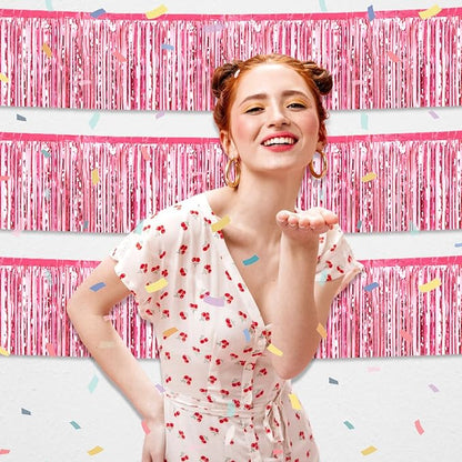6 Pack 10 Feet Pink Foil Fringe Garland Metallic Tinsel Streamers Banner Wall Hanging Curtain Backdrop for Parade Floats, Birthday, Graduate, Mother's Day, Wedding Party Decoration