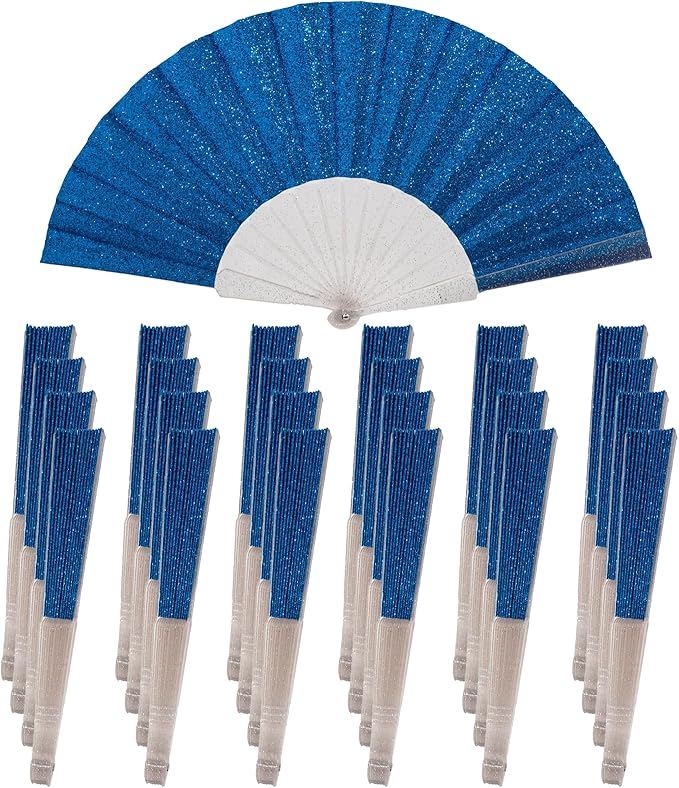 24 Pack Handheld Fan,Folding Hand Glitter fan with Shining Transparent Fan Rib – Ideal for Wedding, Church, Festival, Dance, Tea Party, Club, and EDM Accessories, Royal blue