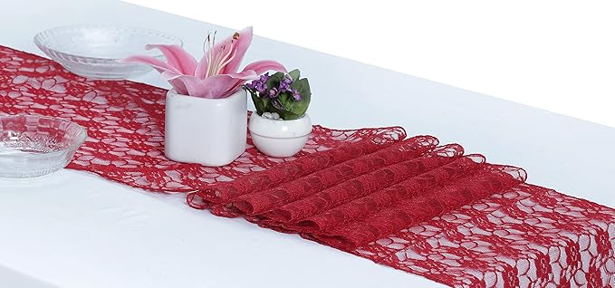 MDS Pack of 15 Wedding 12 x 108 inches Lace Table Runner for Wedding, Decorations for Birthday Parties, Banquets, Graduations, Engagements, and Runners fit Rectangle, Round Table- Apple red