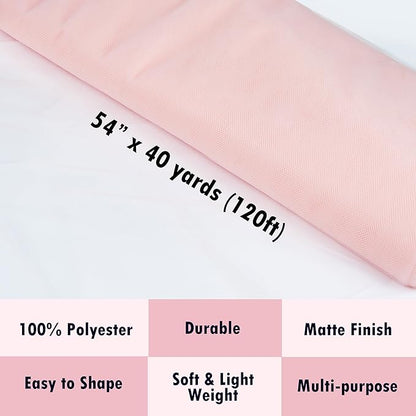 Craft And Party, Blush Fabric Tulle Roll 54 Inch by 40 Yards (120 ft) Fabric Tulle Bolt for DIY Tutu Skirt, Wedding and Decoration (Blush)