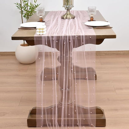 Joanlody Fall Pearl Table Runner 10ft Rustic Boho Tulle Table Runner with Pearls for Baby Shower Wedding Party Veil Dessert Thanksgiving Table Decor Pink 4pcs
